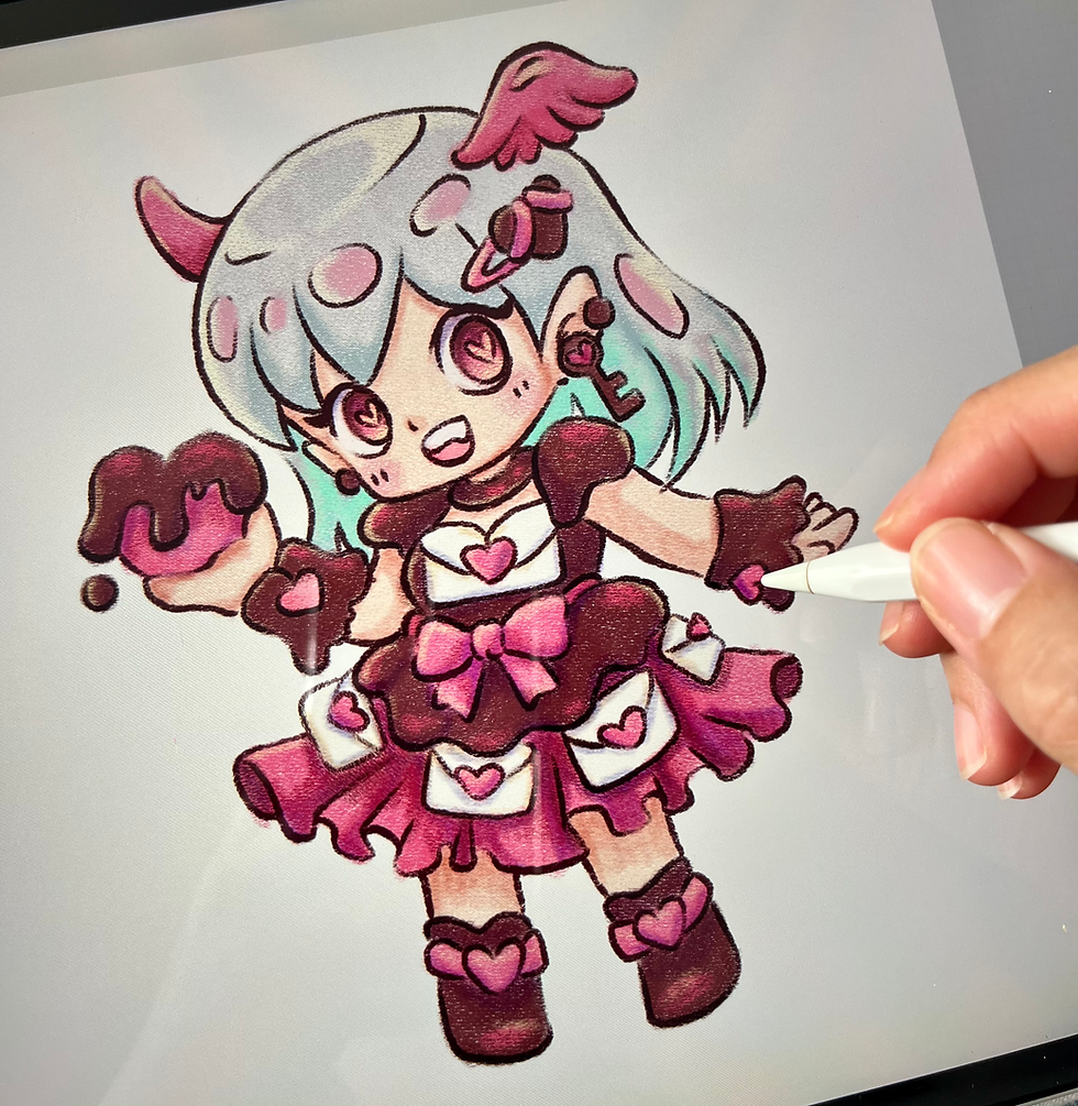 Eye-level view of a digital Procreate canvas showing a yokai sketch with color swatches on the side
