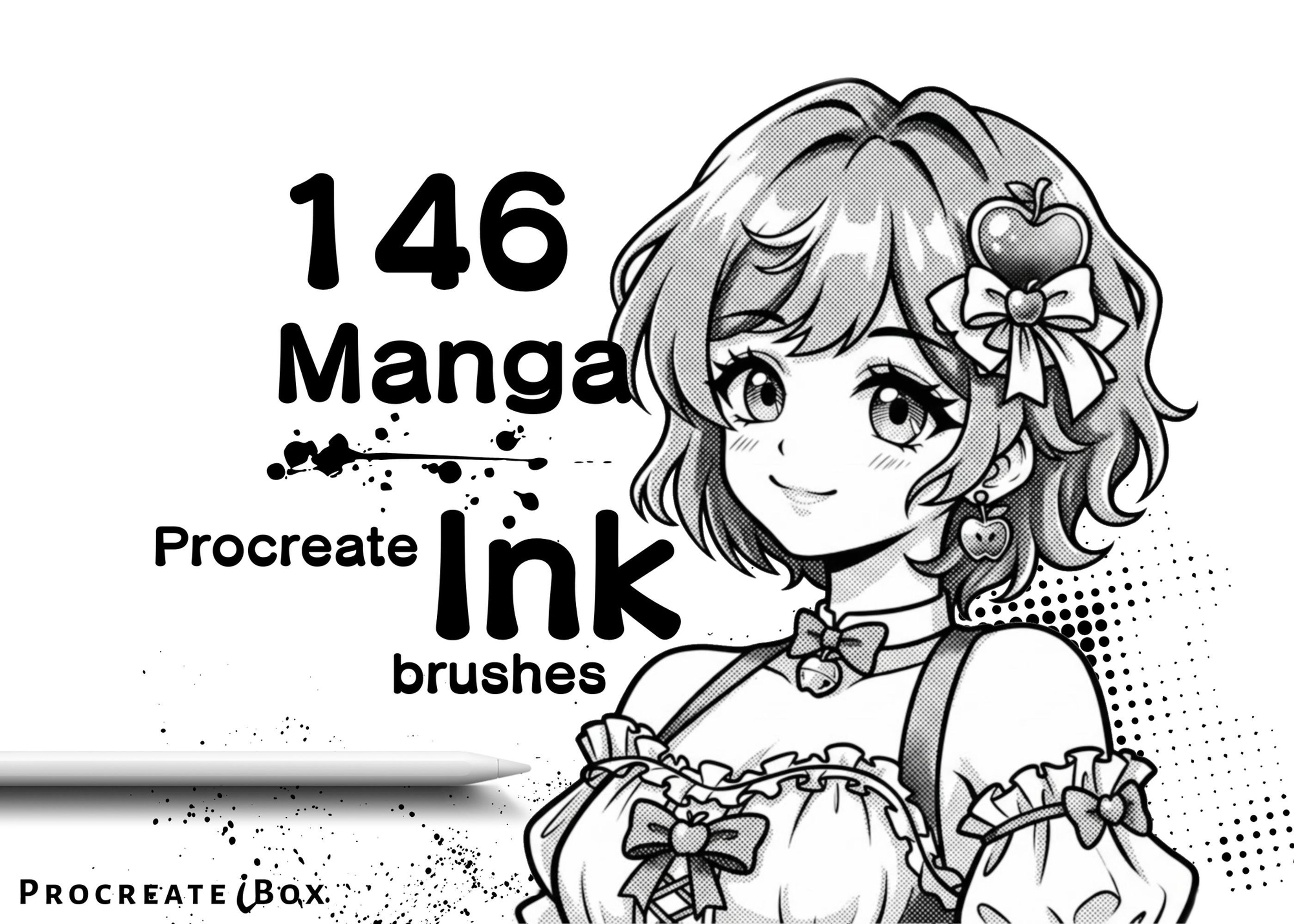 146 Procreate manga ink brushes, screentone, cross hatching, stipple brushes
