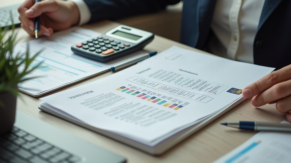 High angle view of a desk with career coaching materials and a calculator