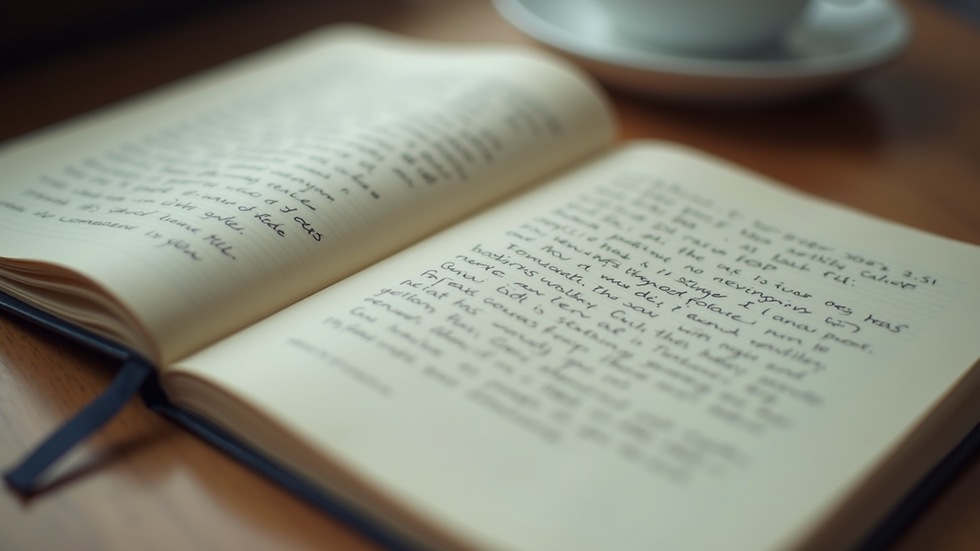 Close-up view of a notebook with handwritten story notes