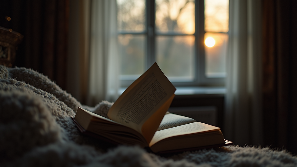 Close-up view of a person reading a suspense thriller book by a cozy window