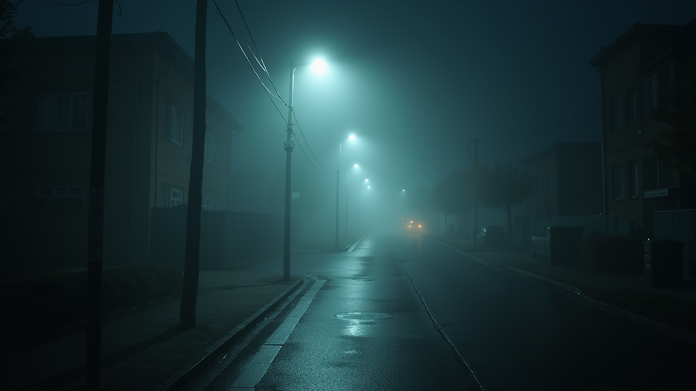 Close-up of a shadowy, fog-covered street at night