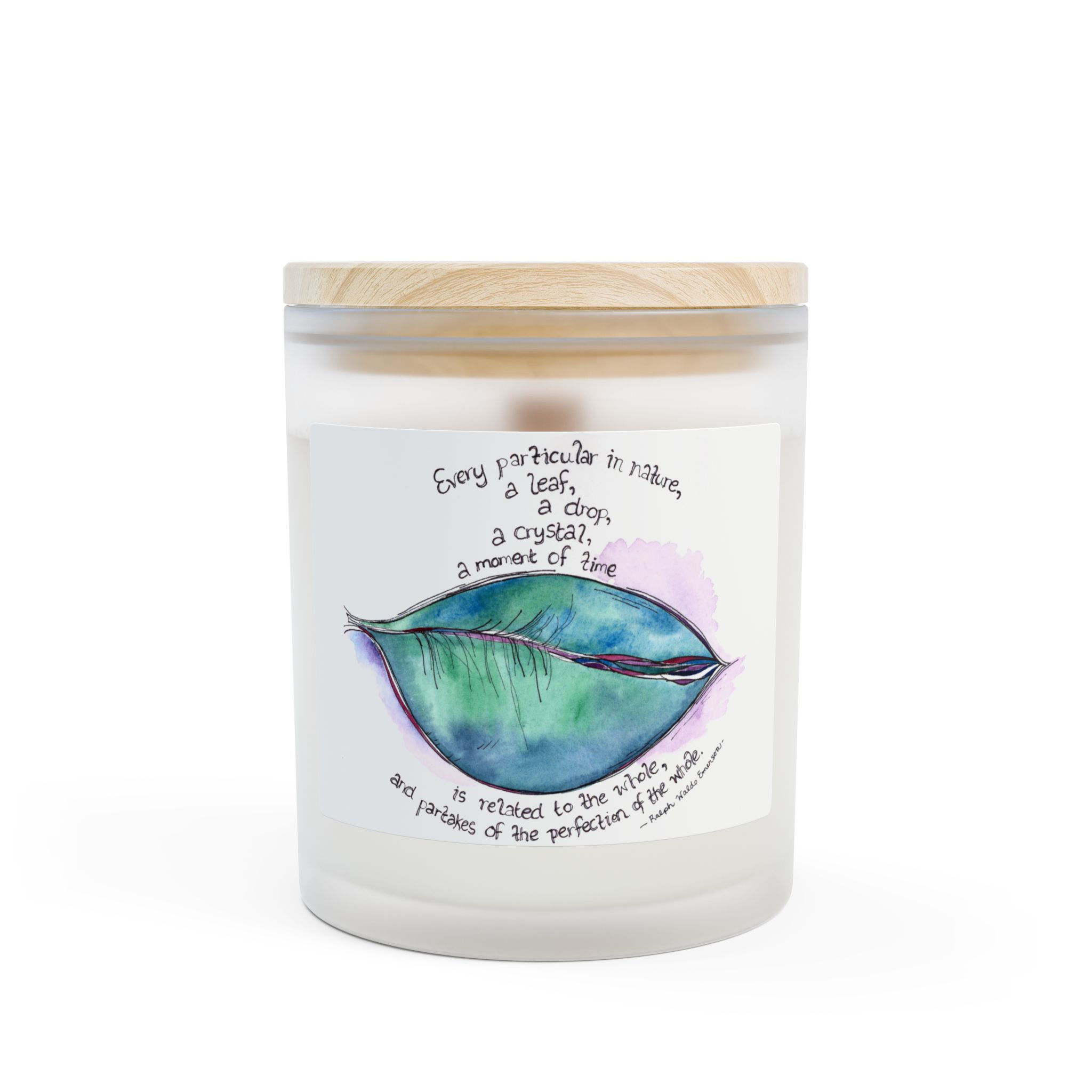 Frosted Glass Candle — Handpainted Leaf Art with Emerson Nature Quote (11oz)