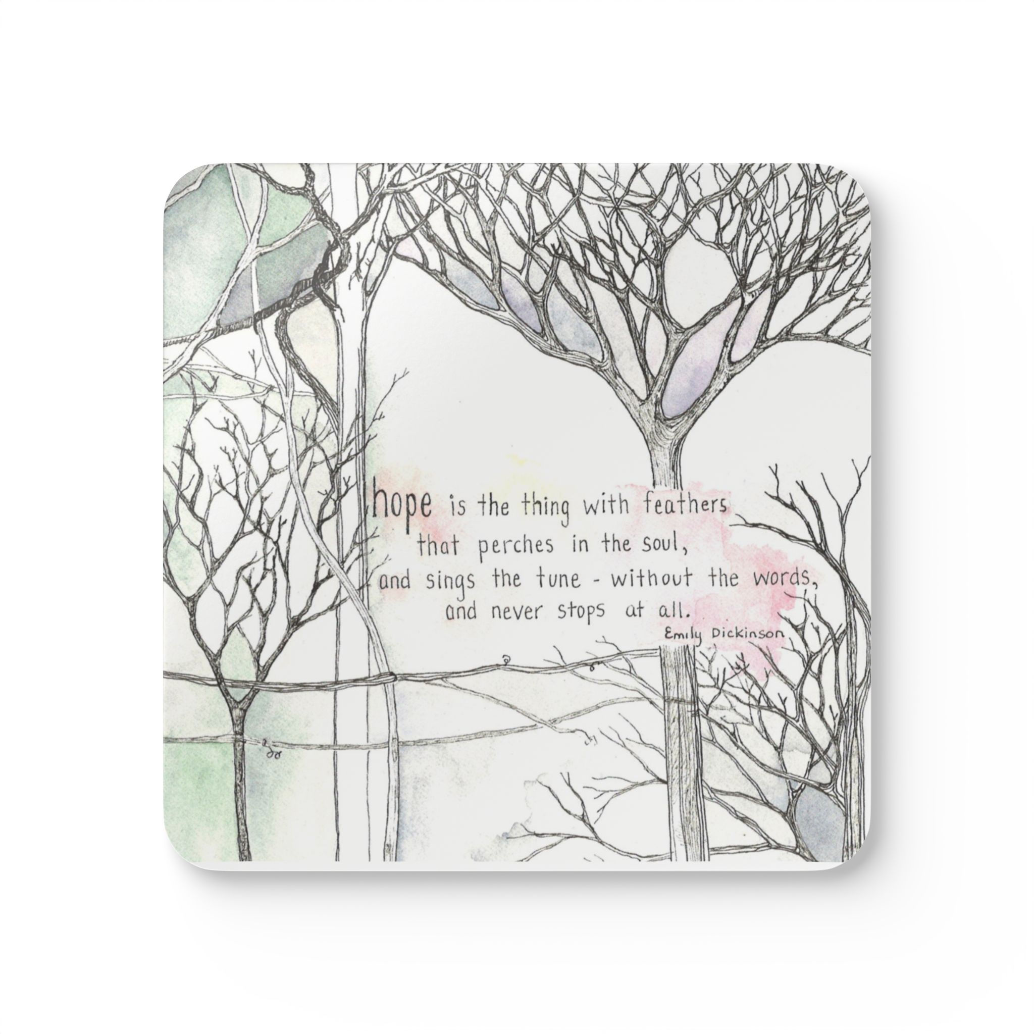 Corkwood Inspirational Coaster Set - Emily Dickinson's "Hope" Design
