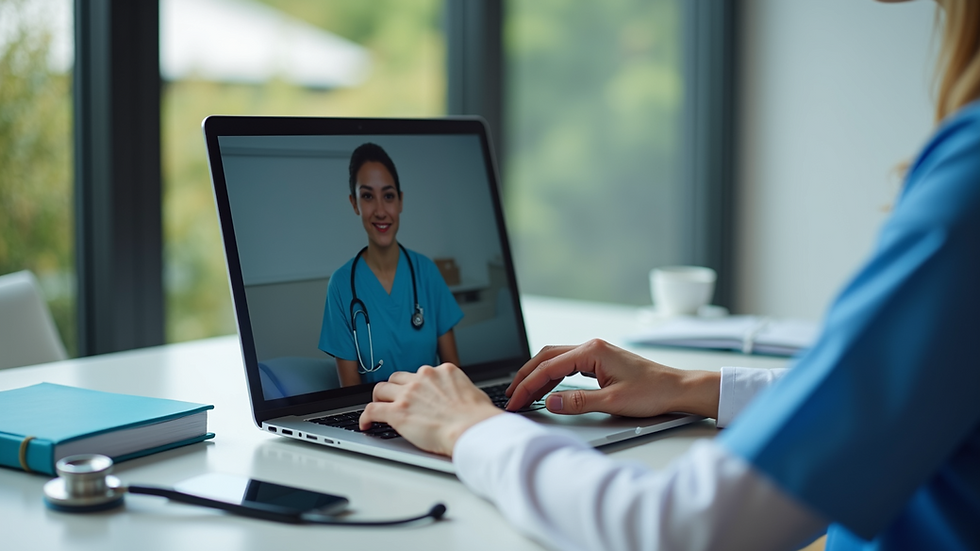 Eye-level view of a telehealth consultation setup with a laptop and medical supplies