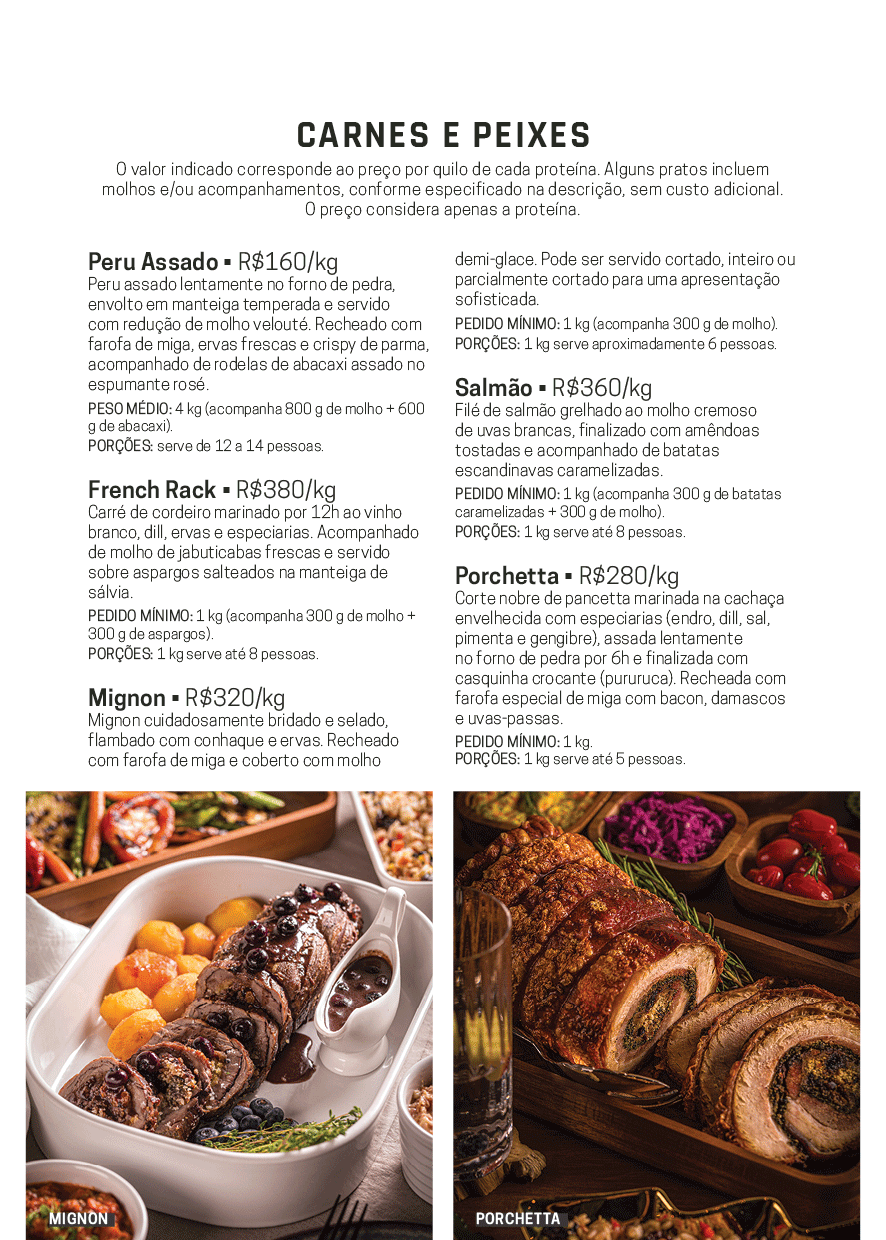 cardápio de encomendas de Natal carnes e peixes
