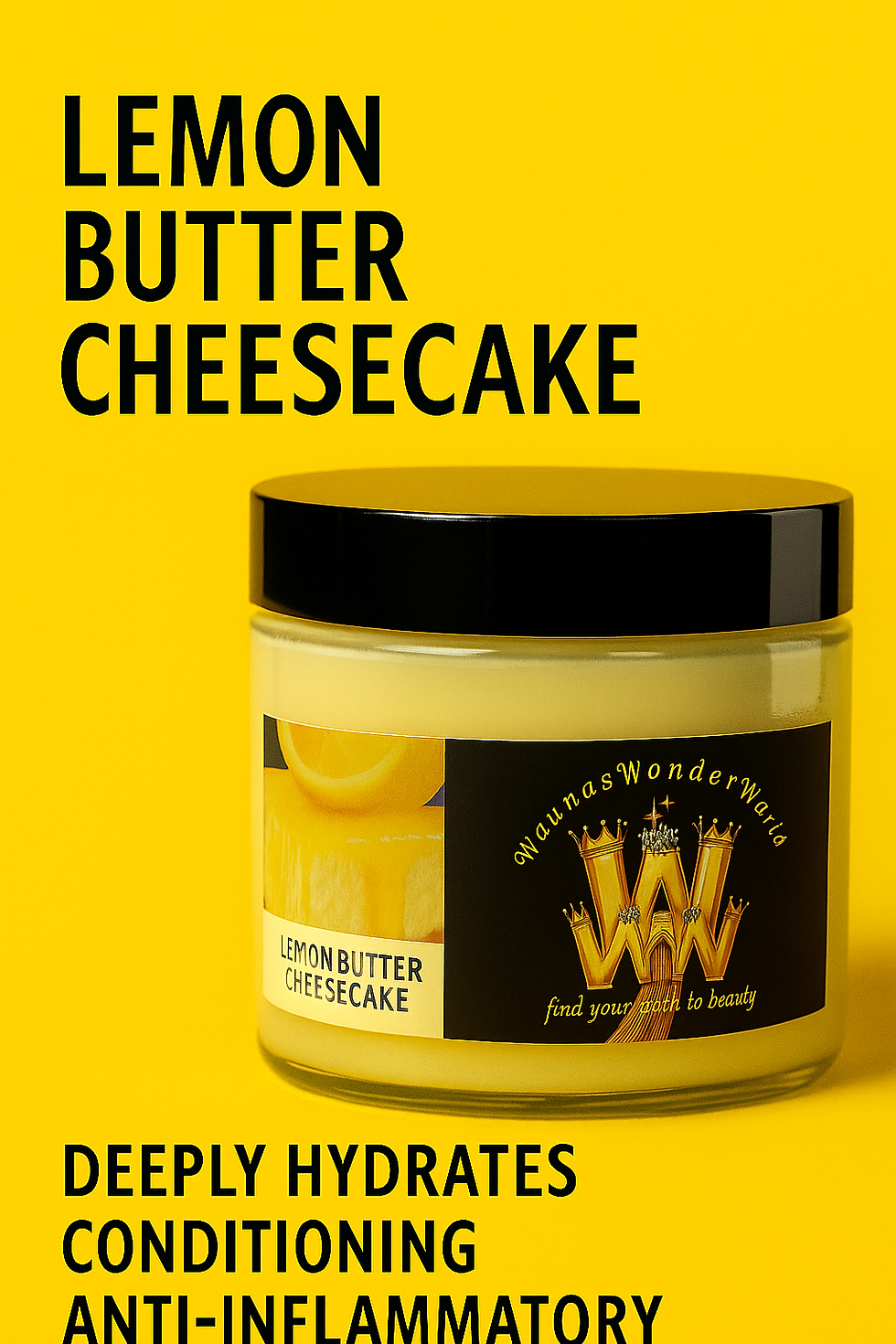 Jar of Lemon Butter Cheesecake with text on a bright yellow background.