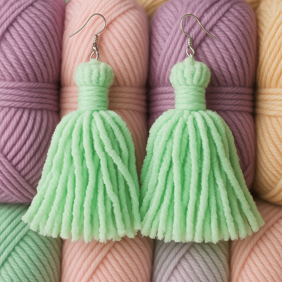 Thumbnail: Pair of green Tassel Earrings (Cotton Candy) against yarn background for sale.