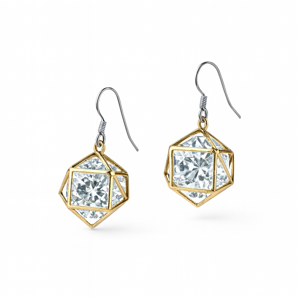Two Geometric Diamond-Drop Earrings suspended, elegant design, white background, sparkly jewels.