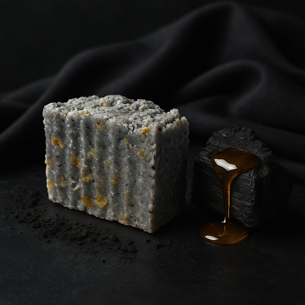 Grey Charcoal Bar soap with golden details and dark liquid on black surface.