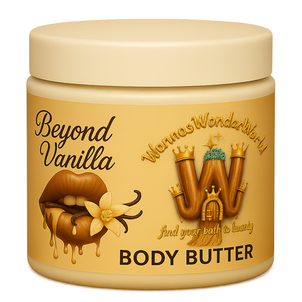 Beyond Vanilla body butter jar, Wanna's Wonderland branding, find your way to beauty.