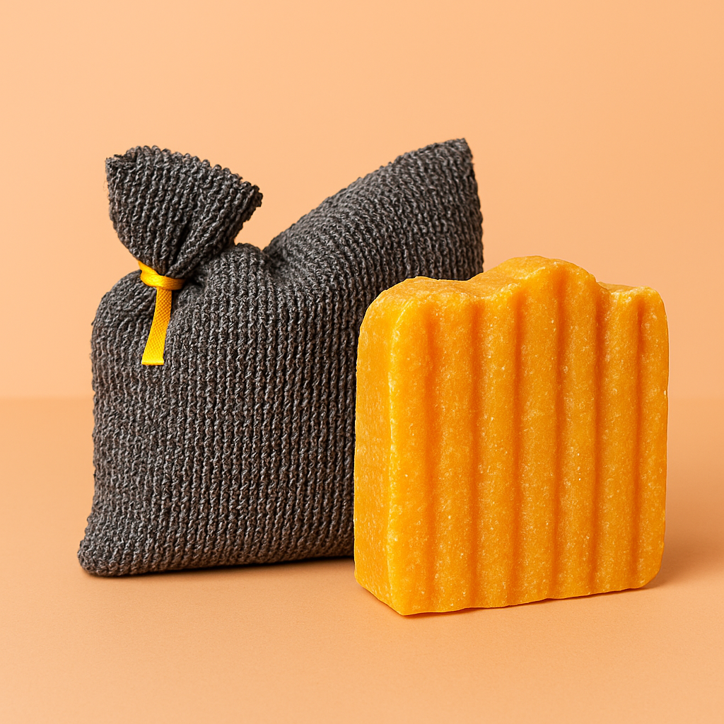 Orange bar soap and gray bag on orange background. Peach Dream Bar Soap.