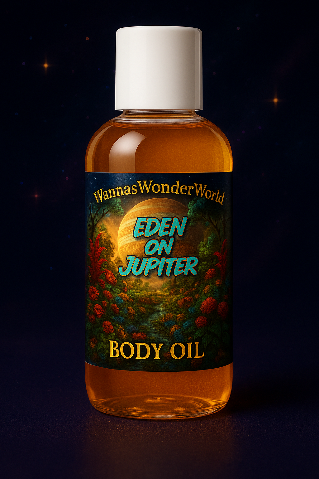 Eden On Jupiter Body Oil bottle, Woman WonderWorld branding, product label and description.