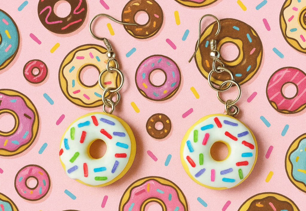 Donut earrings with colorful sprinkles on a pink background, delicious donuts.