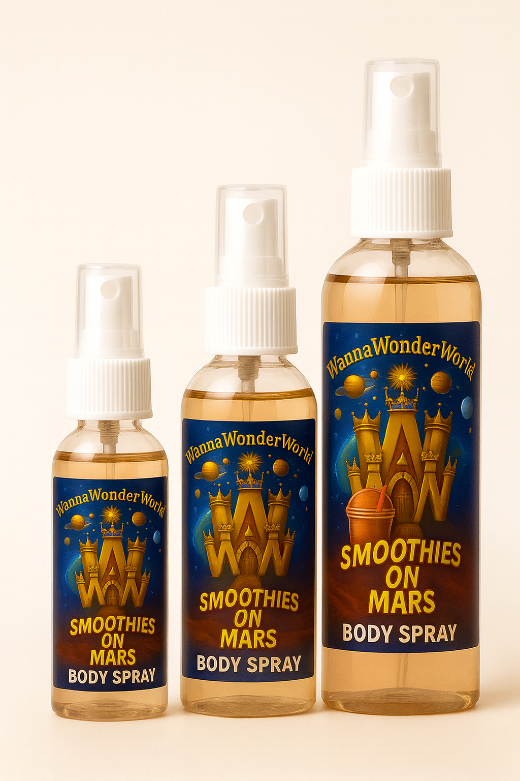 Three Smoothies on Mars Body Spray bottles in varying sizes on display.