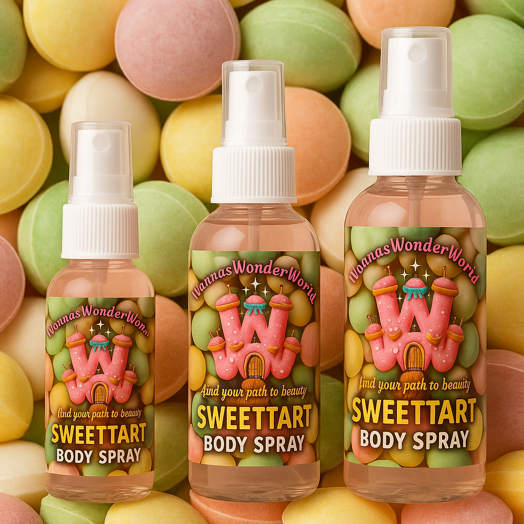 Three Sweet Tart Body Spray 2oz bottles against a colorful candy background.