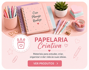 Papelaria criativa Griffi Store com cadernos, canetas e materiais escolares