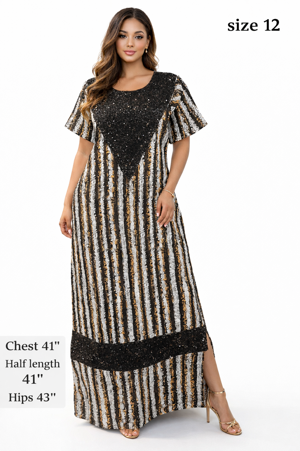 Woman models striped maxi dress, size 12, Chest 41, Hips 43.