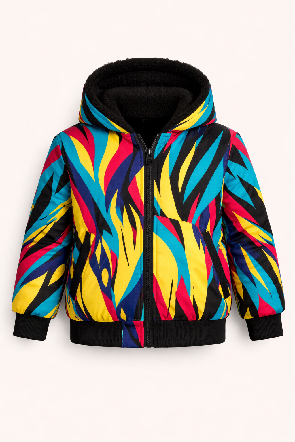 Colorful abstract hooded bomber jacket with vibrant yellow, red, and blue patterns.