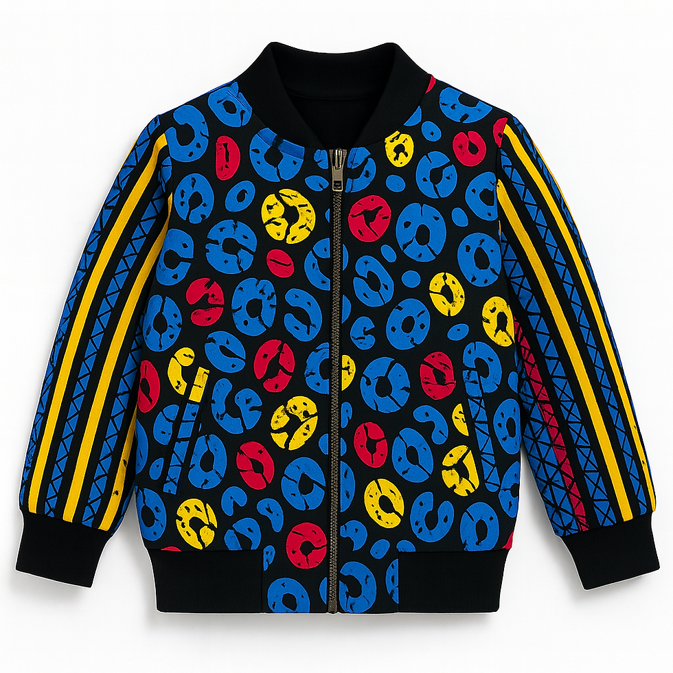 Colorful bomber jacket with blue, yellow and red design on black background.