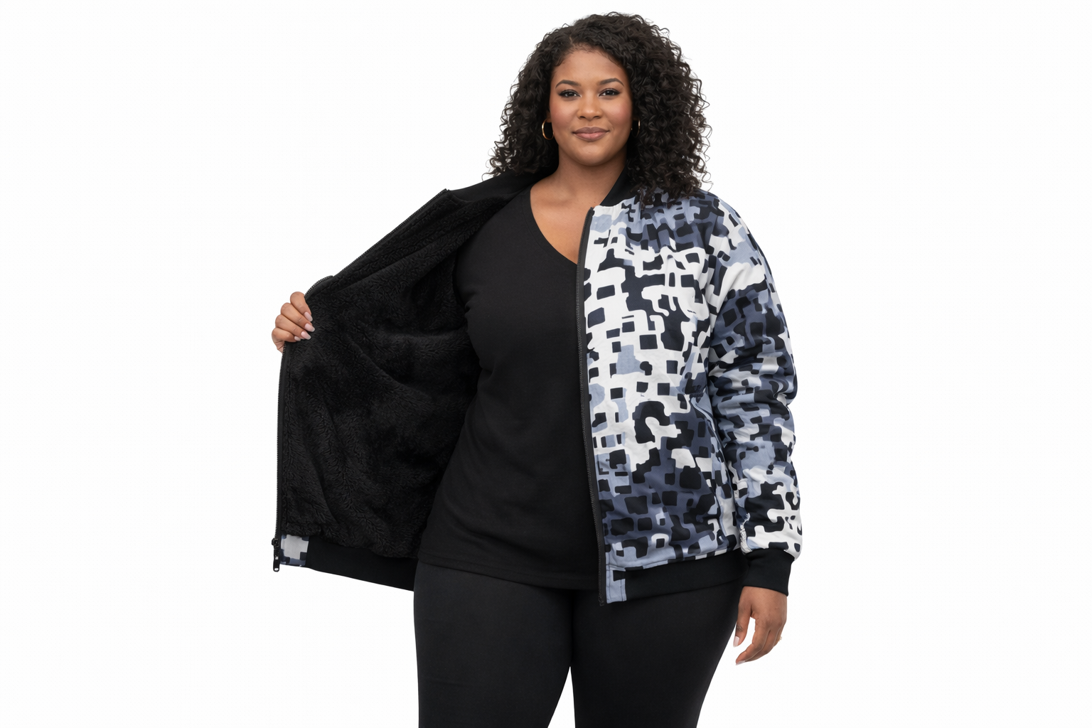 Women’s Medium Camouflage Print Bomber Jacket – Black & Grey Zip-Up Jacket
