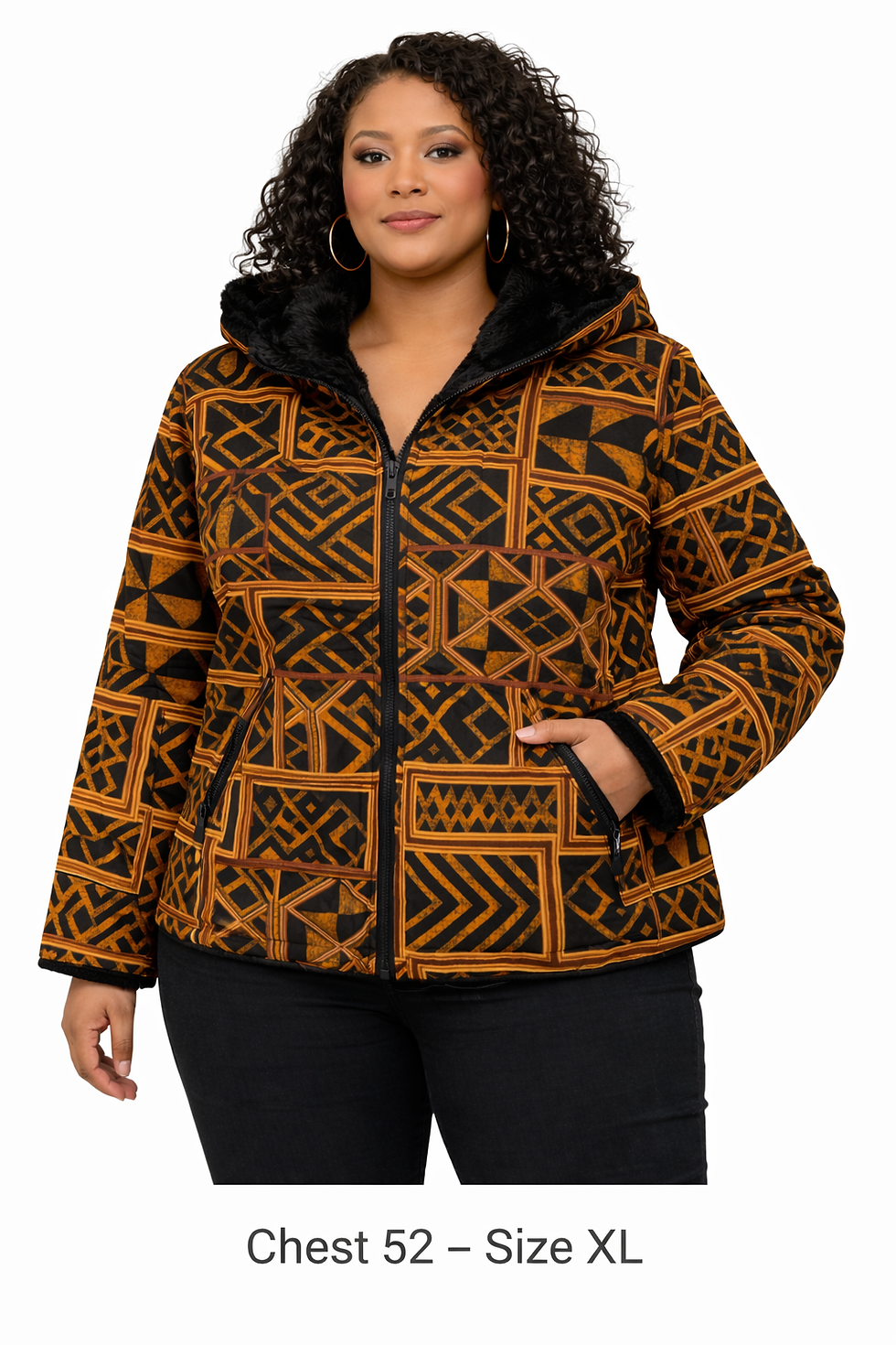Thumbnail: African print hooded jacket with brown& black faux fur lining, geometric