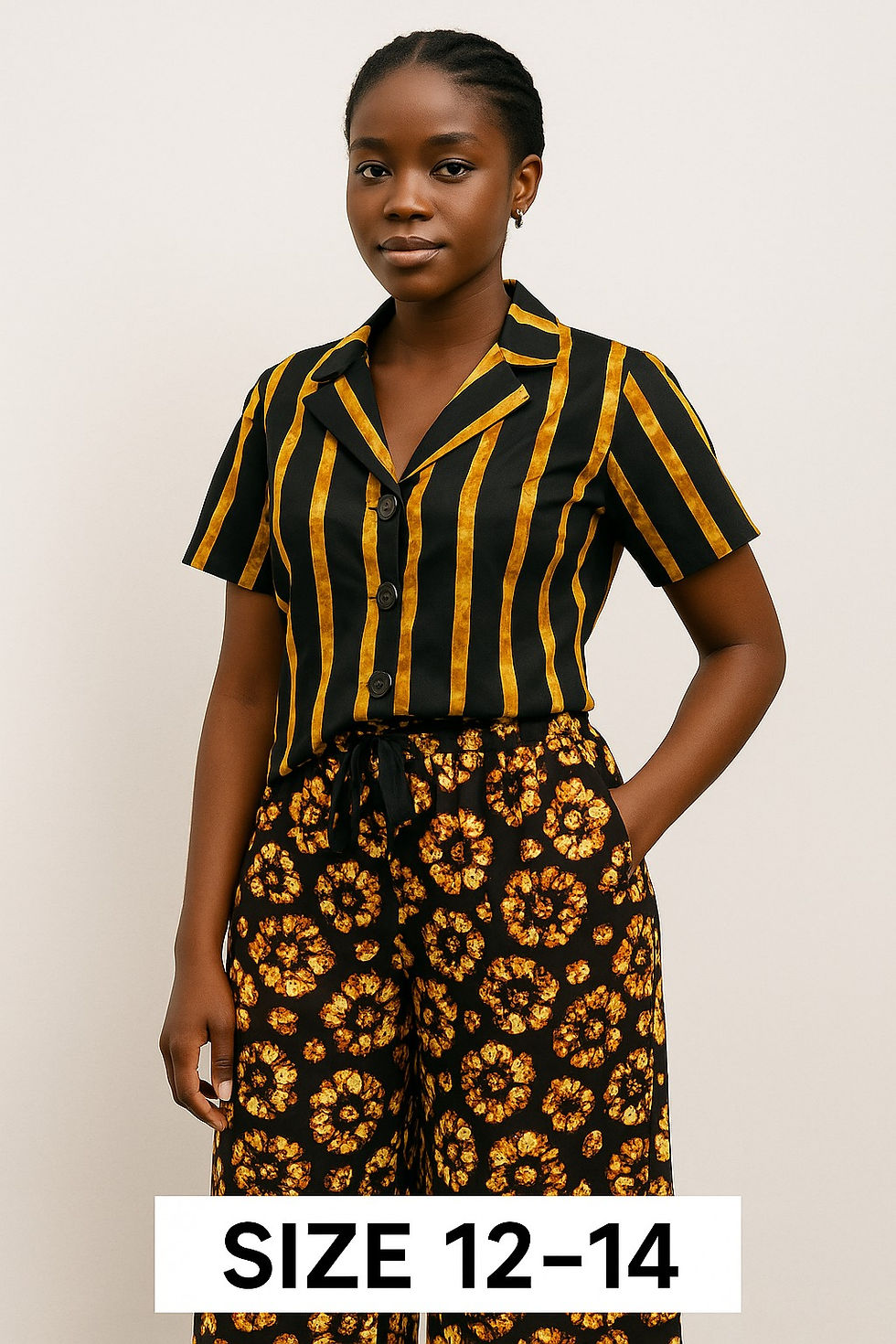Woman modeling black and yellow striped top and floral pants. "SIZE 12-14".