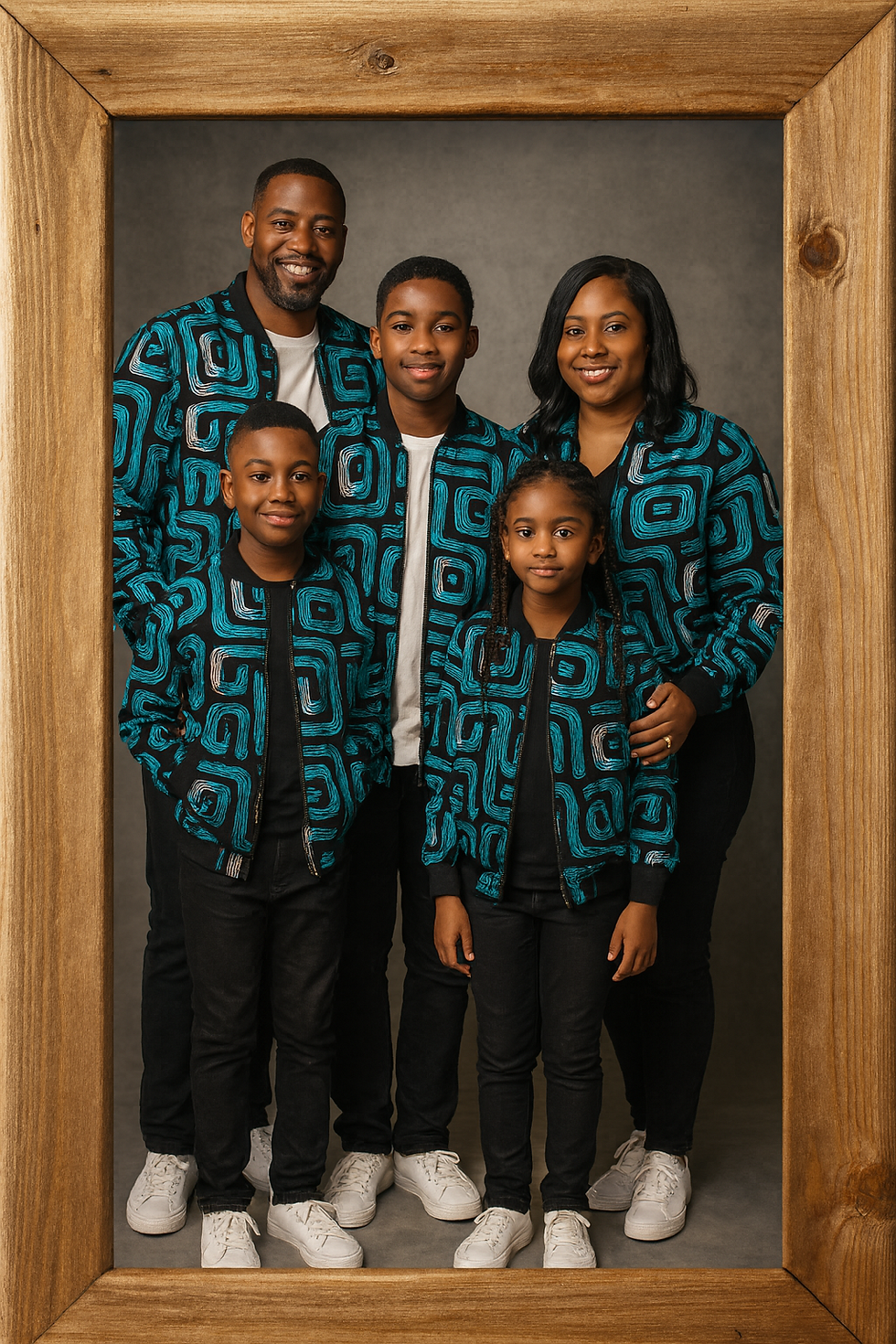 Family portrait, matching jackets, smiling, posing together, Jajex Apparel against a wooden frame.