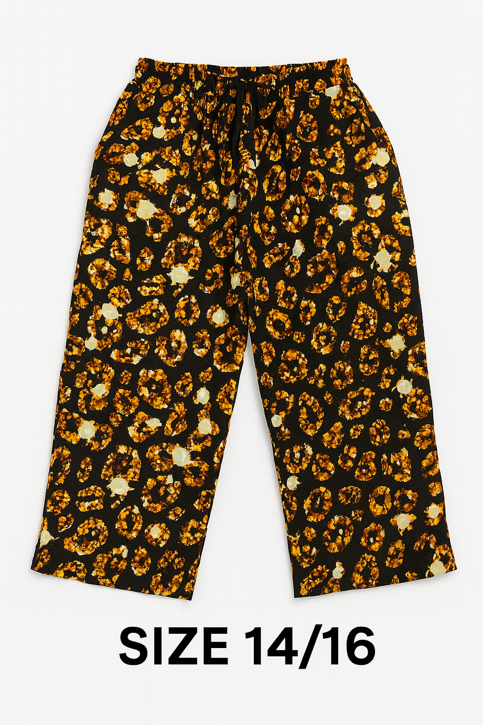Leopard print pants with visible text SIZE 14/16.