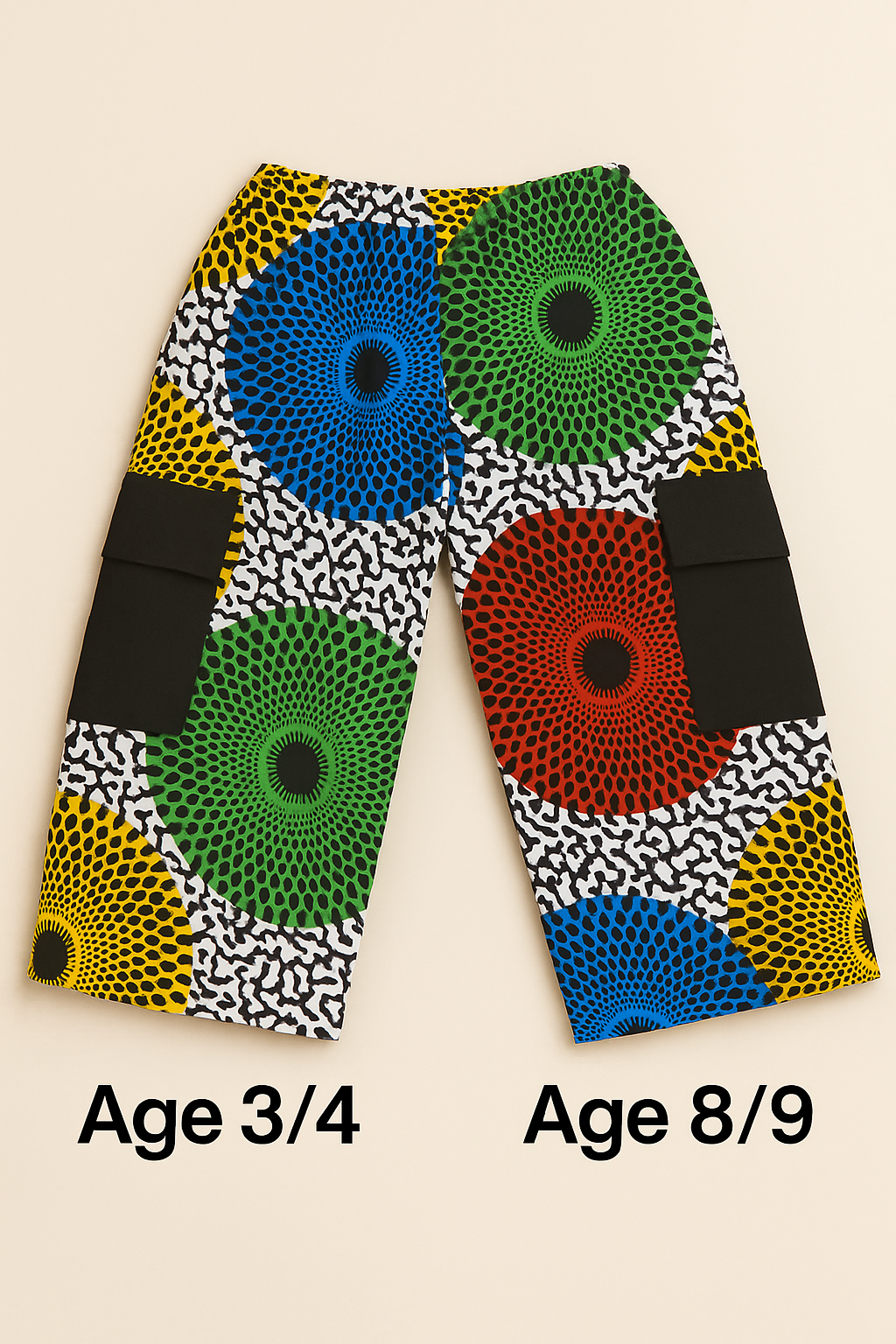 Colorful abstract print kids' trousers with black pockets, Ages 3/4, 8/9.