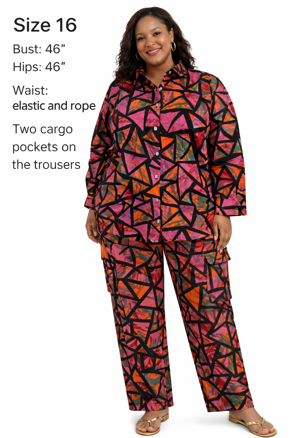 Plus Size African Print Two-Piece Set – Button-Up Shirt & Straight-Cut Cargo Tro