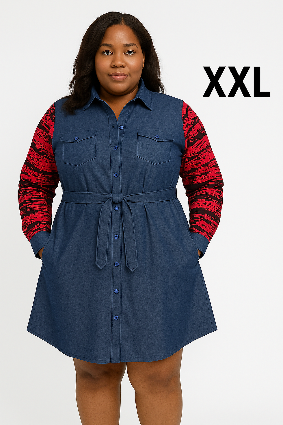 Woman wearing XXL Cargo Shirt Dress with textured sleeves and tie. Jajex Apparel