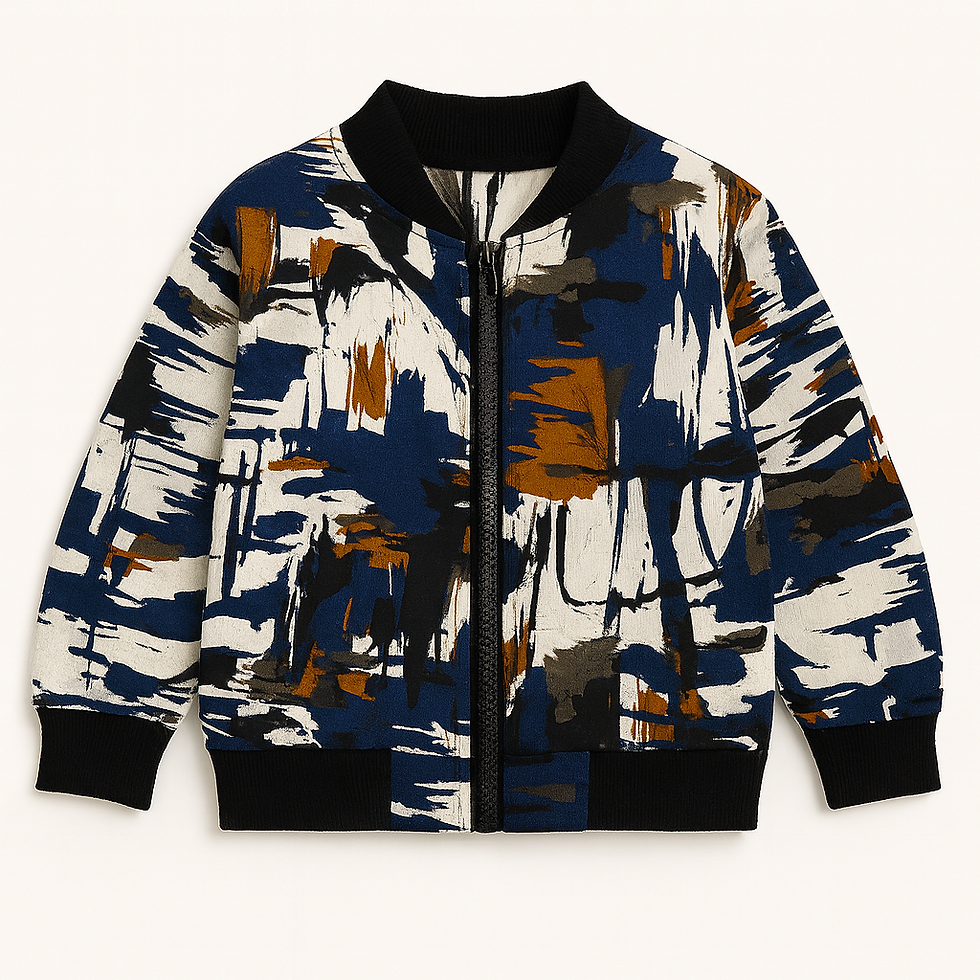 Abstract patterned bomber jacket with black trim and zipper on light background.