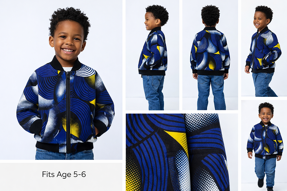 African print bomber jacket on smiling boy. Fits Age 5-6.
