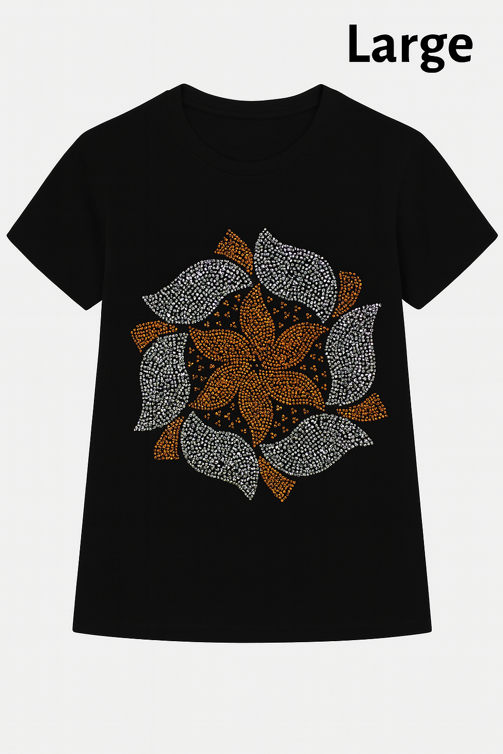 Black t-shirt with Large abstract orange and gray leaf design.