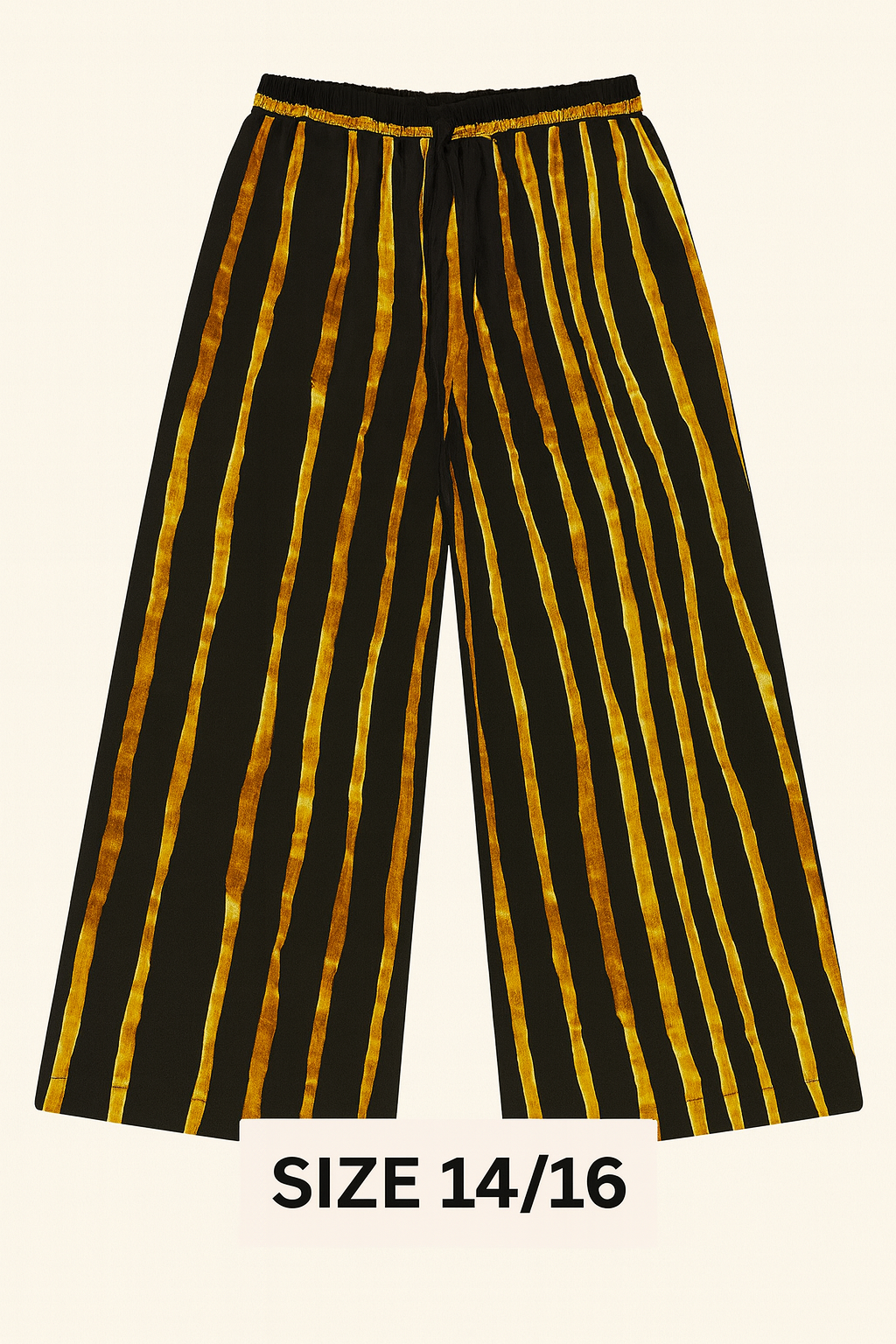 Black and yellow striped wide-leg trousers, SIZE 14/16.