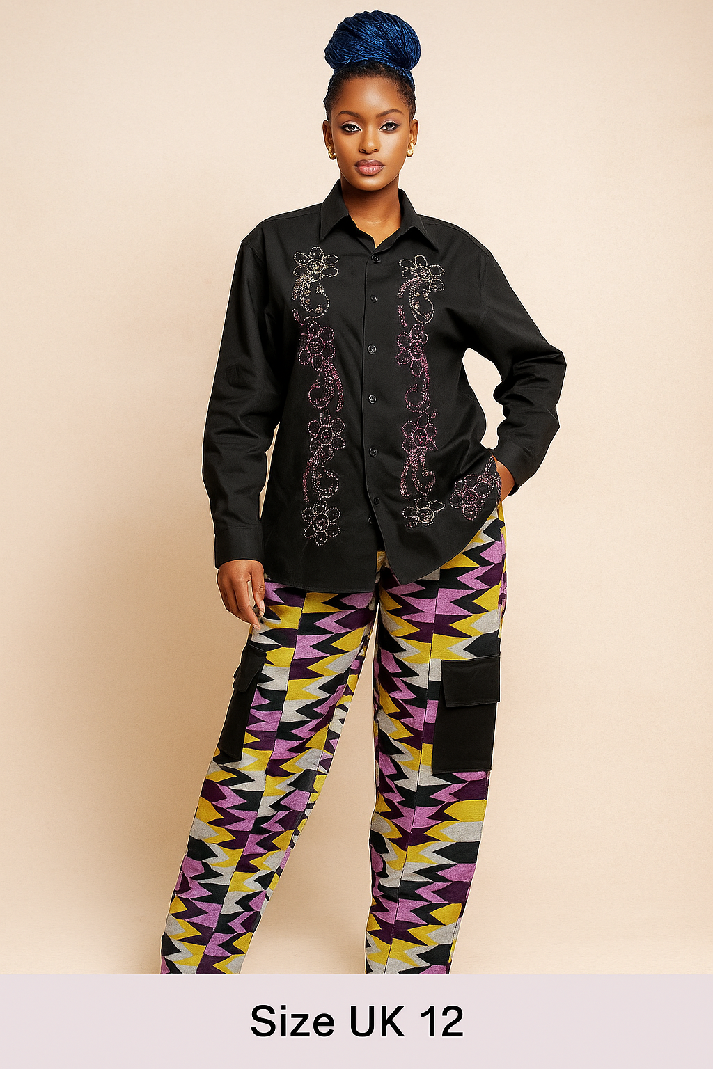 Embroidered Panel Black Shirt and Printed Pant Two Piece Set