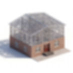 A 3D rendering of a house under construction, with a visible steel frame structure on the upper floors and exterior walls partially clad in beige siding and red brick