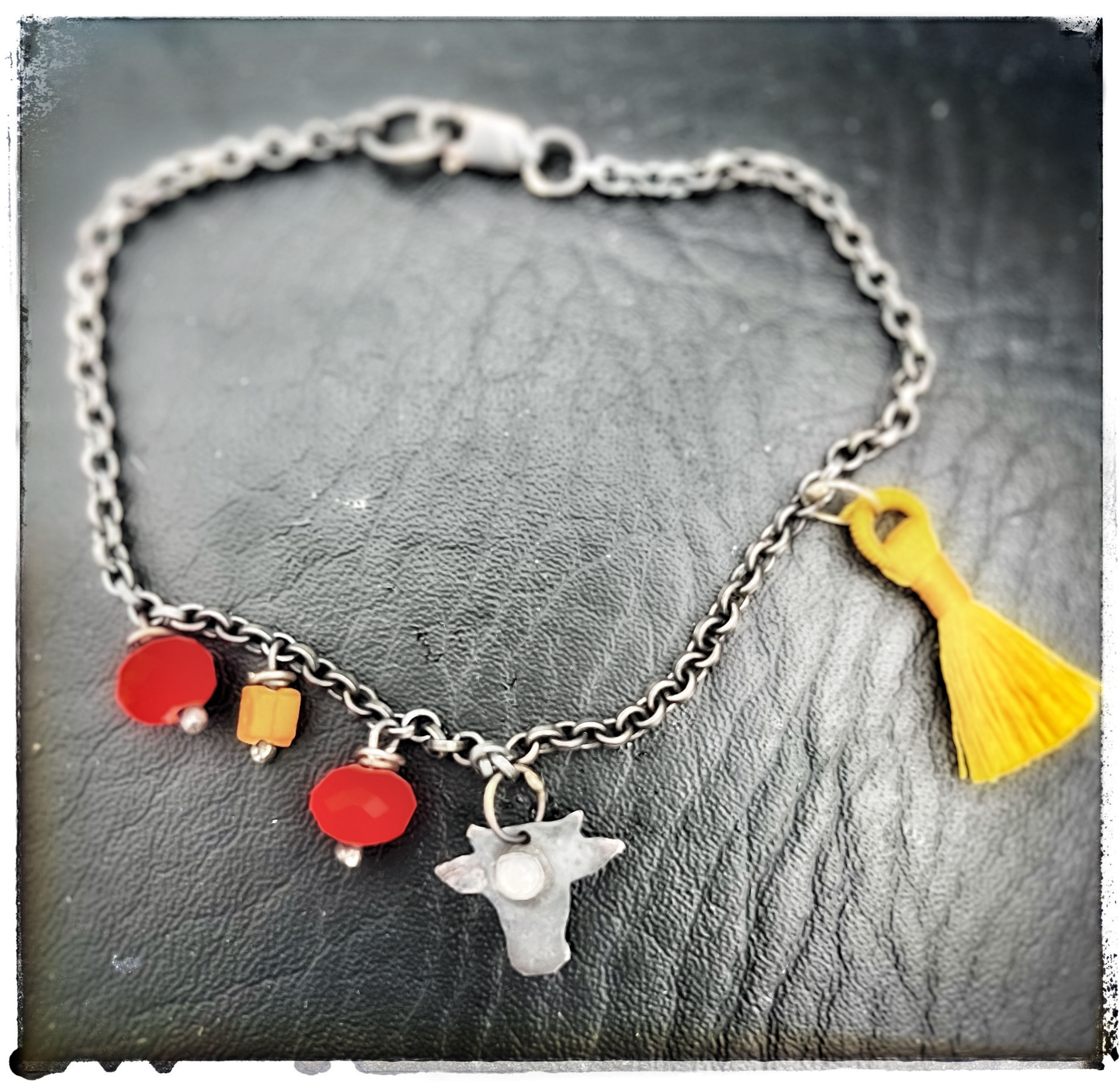 Rainbow Moonstone Cow Head Tassel charm bracelet