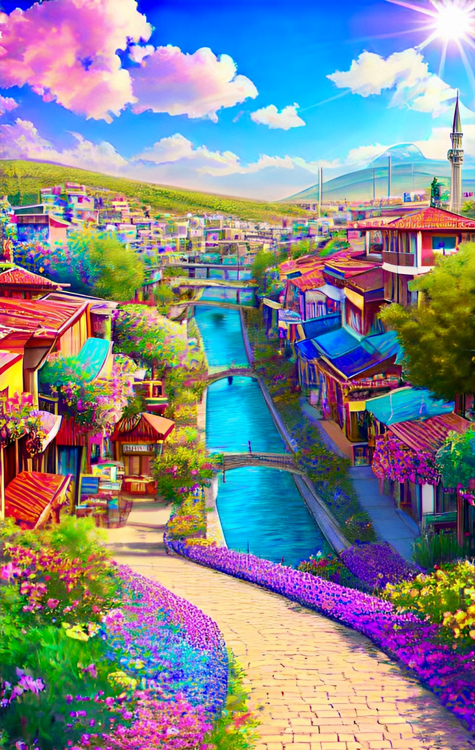 A realistic picture of the city of Batman, a city in southeastern Turkey, as the most beautiful dream city of the world, modern, colorful, joyful, full of beautiful flowers, under a glistening sky and beautiful sun rays