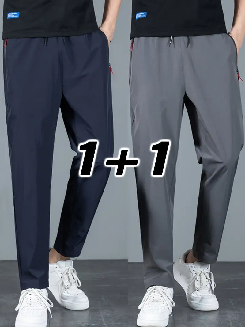 Thumbnail: 2 Pieces Men's Casual Pants Stretch Elastic Waist Jogger Korean Classic Blue Bla