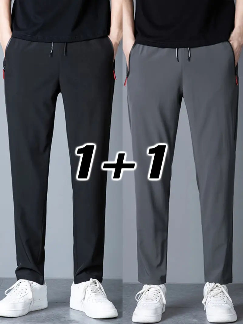 Thumbnail: 2 Pieces Men's Casual Pants Stretch Elastic Waist Jogger Korean Classic Blue Bla