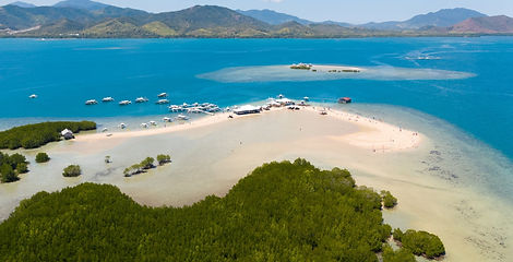 An aerial view of a white sandbar island surrounded by green mangroves and turquoise ocean waters in Honda Bay, Puerto Princesa, Philippines.