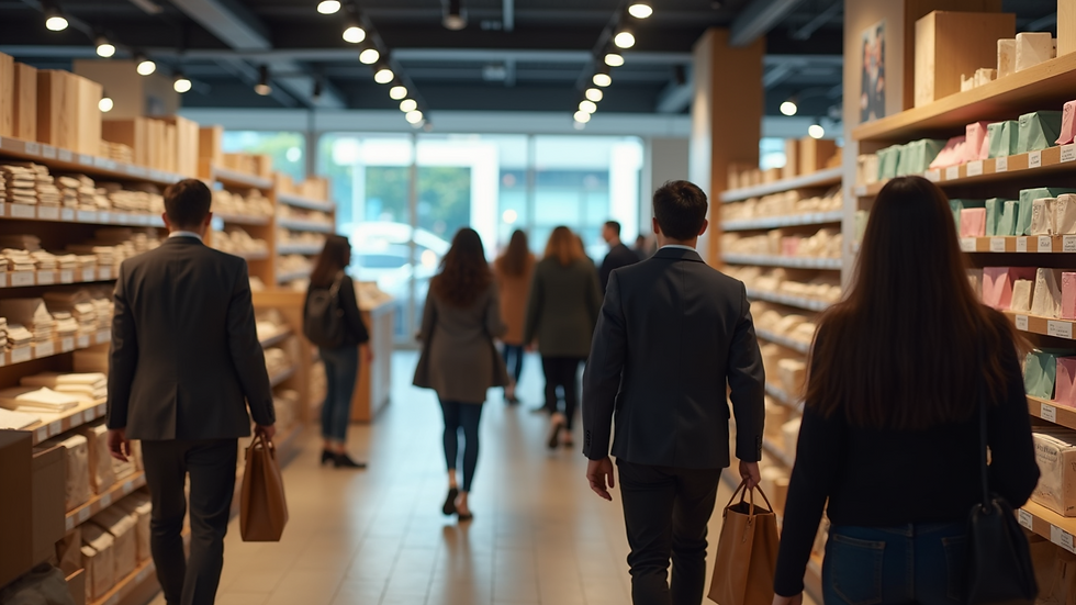 Wide angle view of a busy retail store with engaged customers