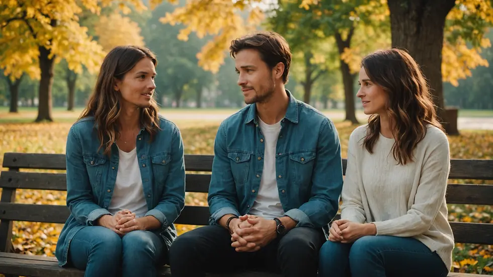 A couple sitting together in a serene environment discussing their feelings with openness and empathy