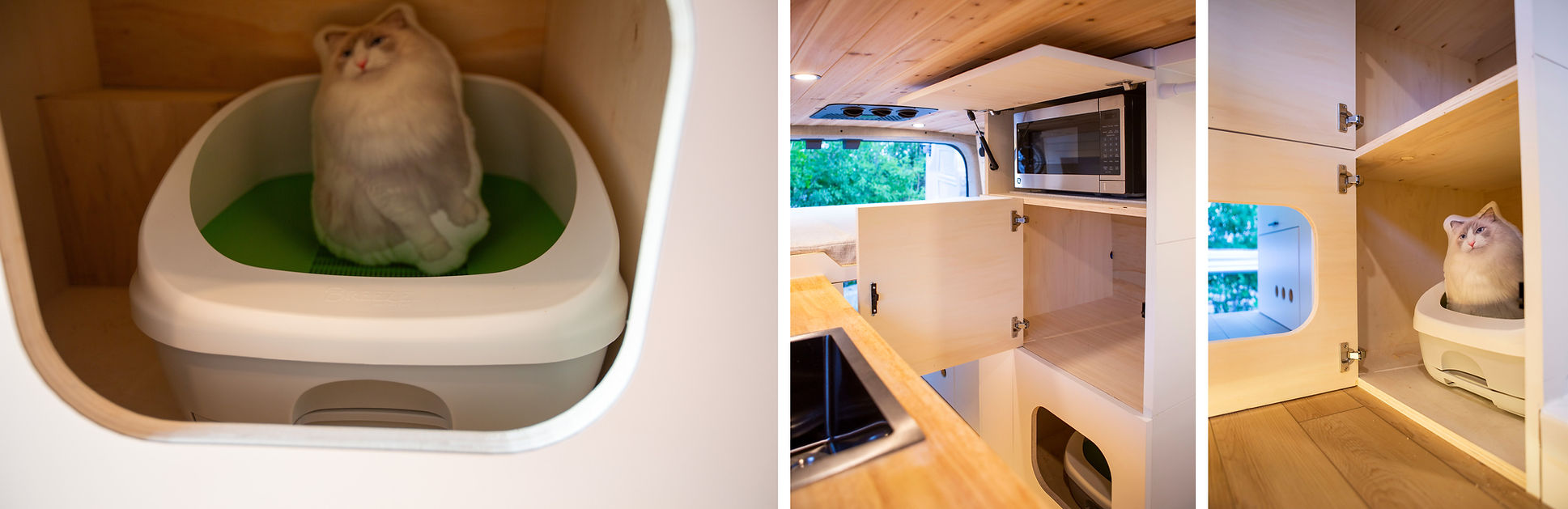 Open cabinet revealing the cat litter box nook – designed for easy access and cleaning, perfect for vanlife with a cat.
