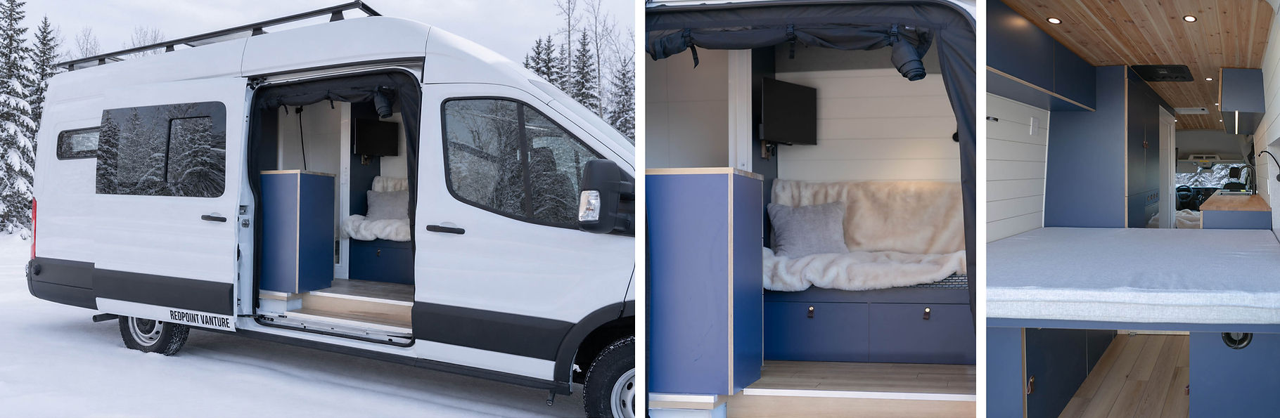 Exterior and interior view of the Swickster camper van build, showing the open side door, blue lower cabinets, wood ceiling accents, and cozy rear living area.