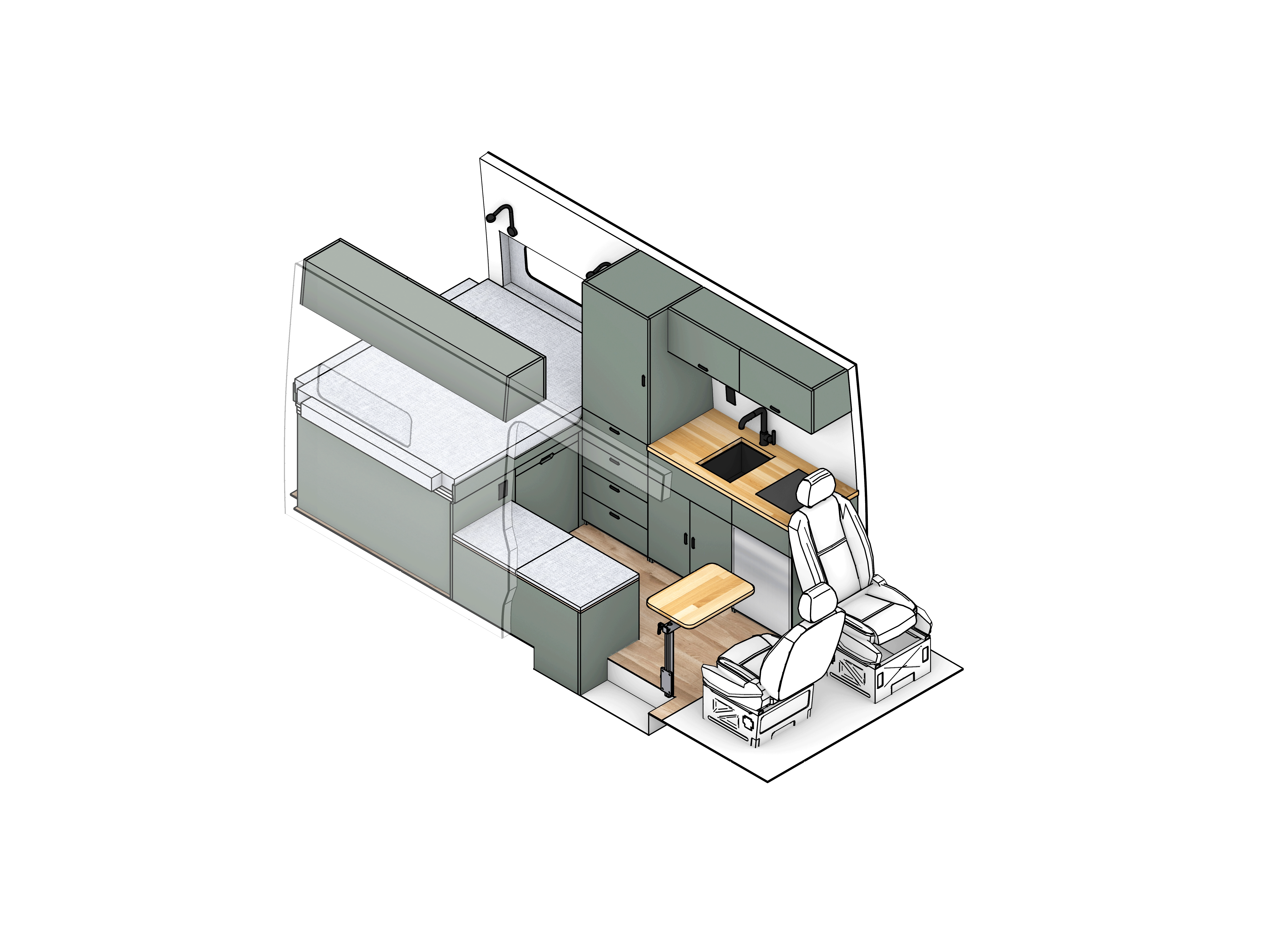 3D design of a custom build camper van design on a Ford Transit 148 high roof