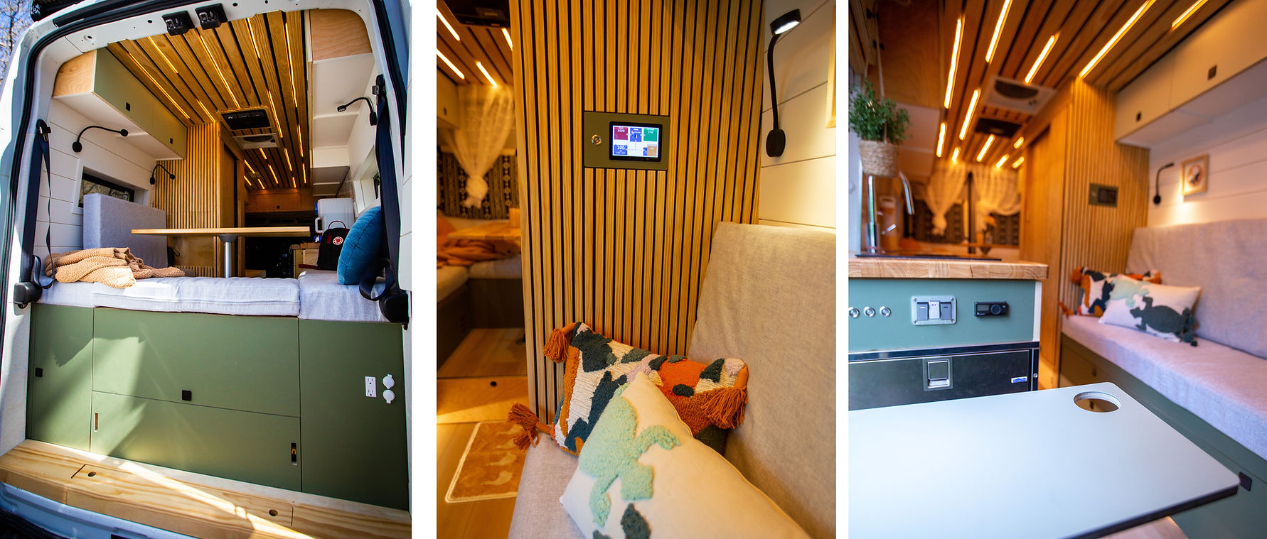 Custom build camper van on Ford Transit 148 EXT with a rear dinette, a full bath with slatted walls and control panel, and a front bench