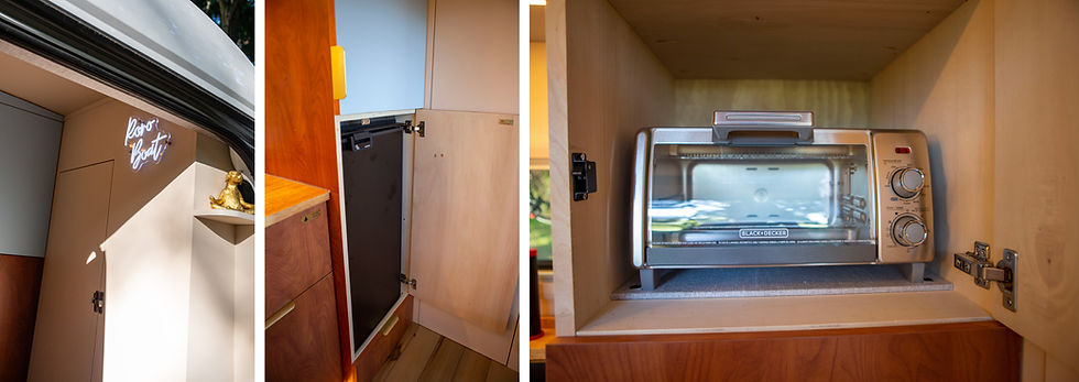 Modern mid-century Ford Transit camper van kitchen area and partition wall by Redpoint Vanture.